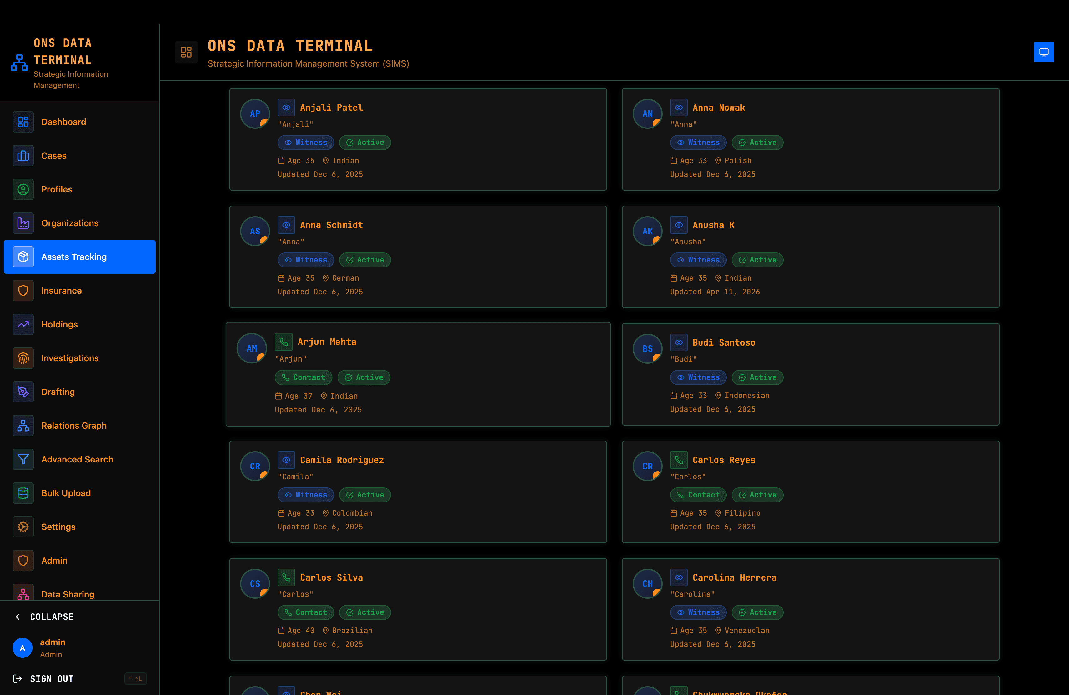 Asset list selection screen