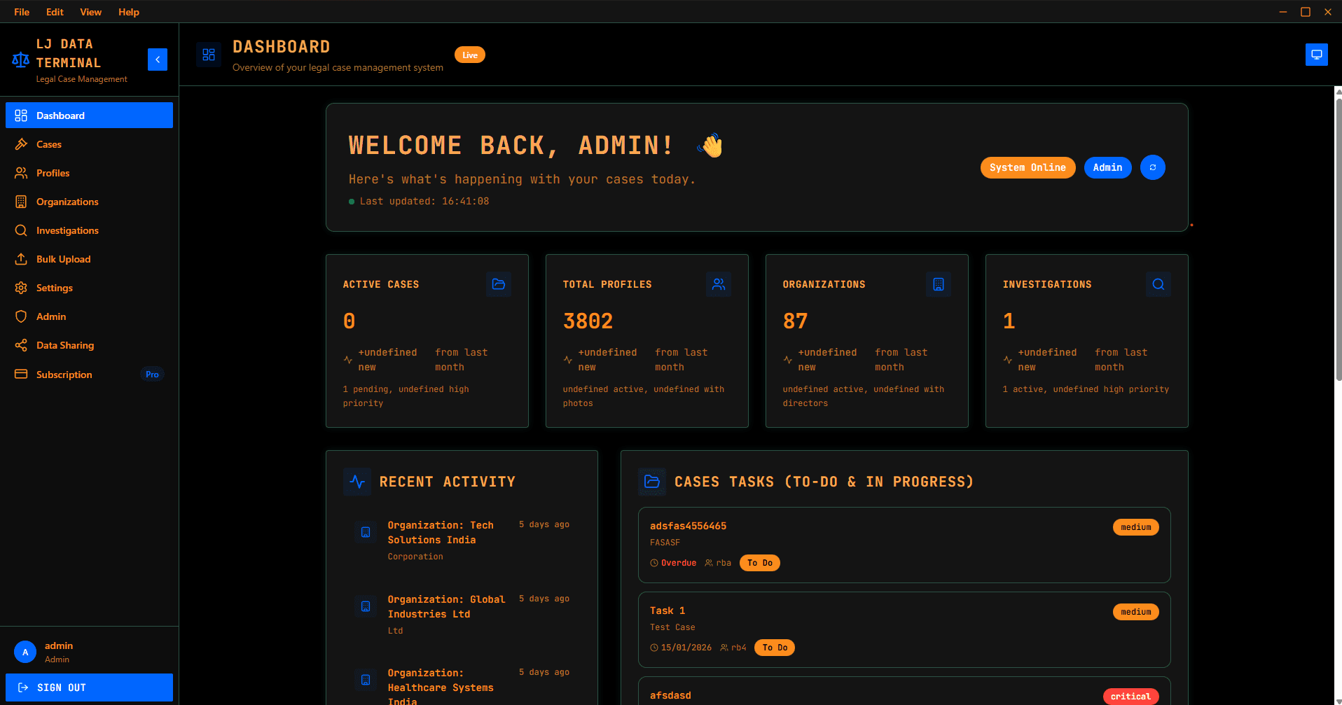 LJ Data Terminal Dashboard on Windows