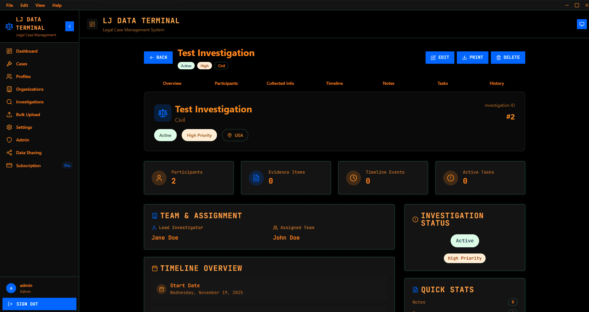 Investigation Management View