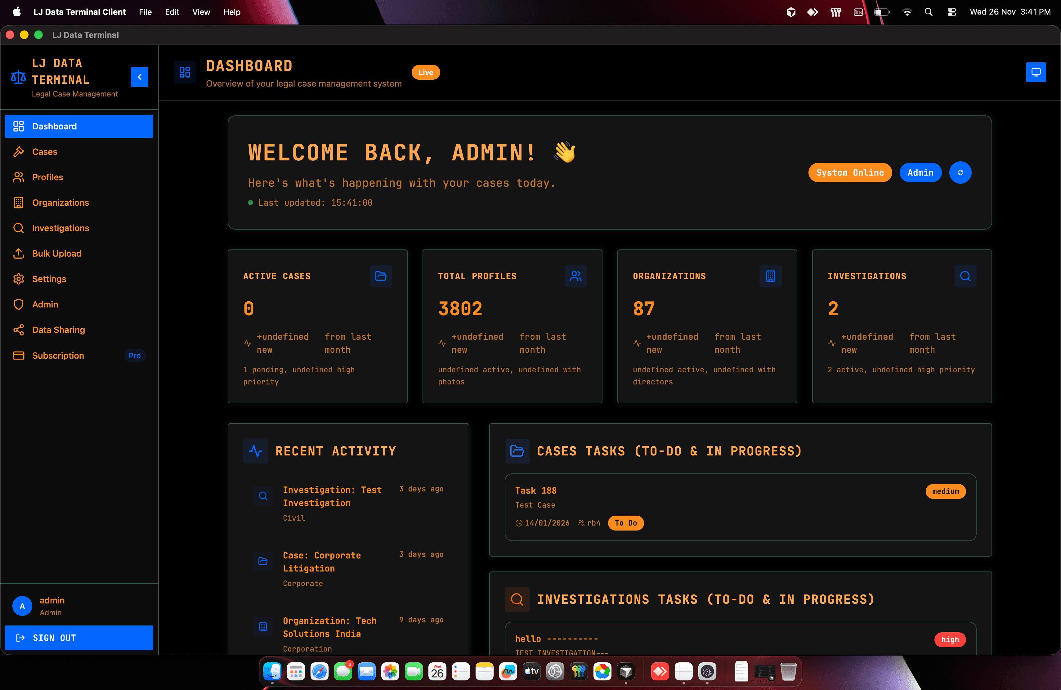LJ Data Terminal Dashboard on Mac