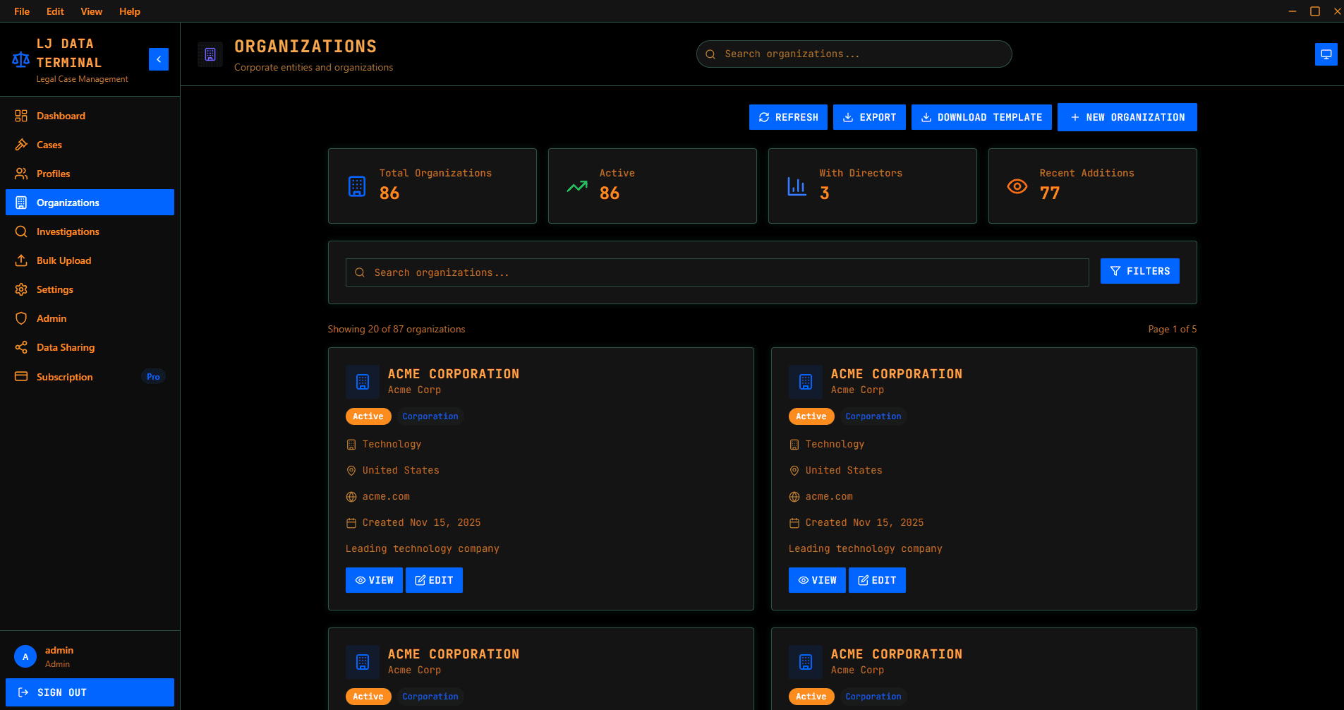 Organizations Management screenshot on Windows